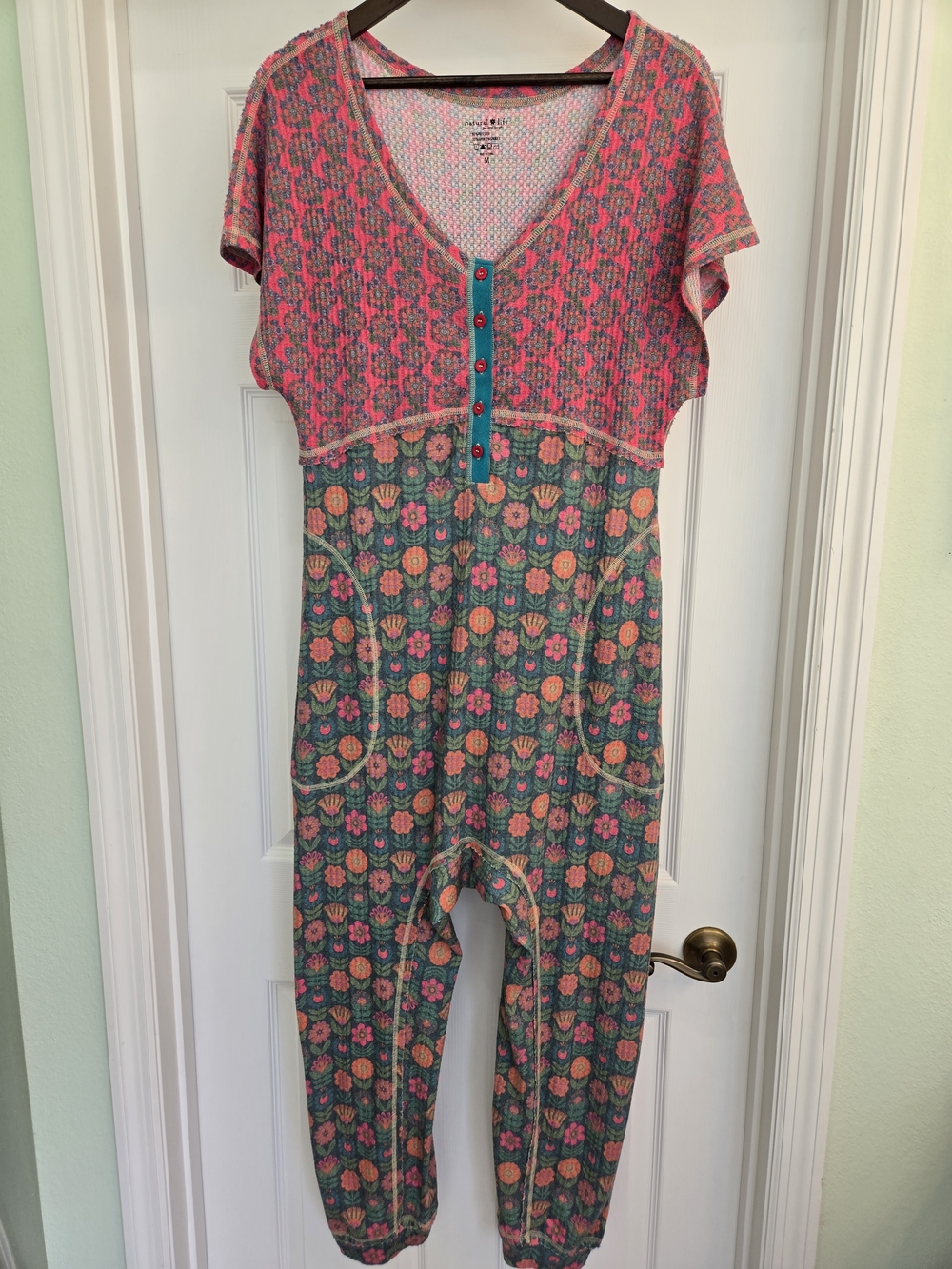 NATURAL LIFE Pink & Teal Floral Knit One-Piece Romper Granola Lounge Comfy